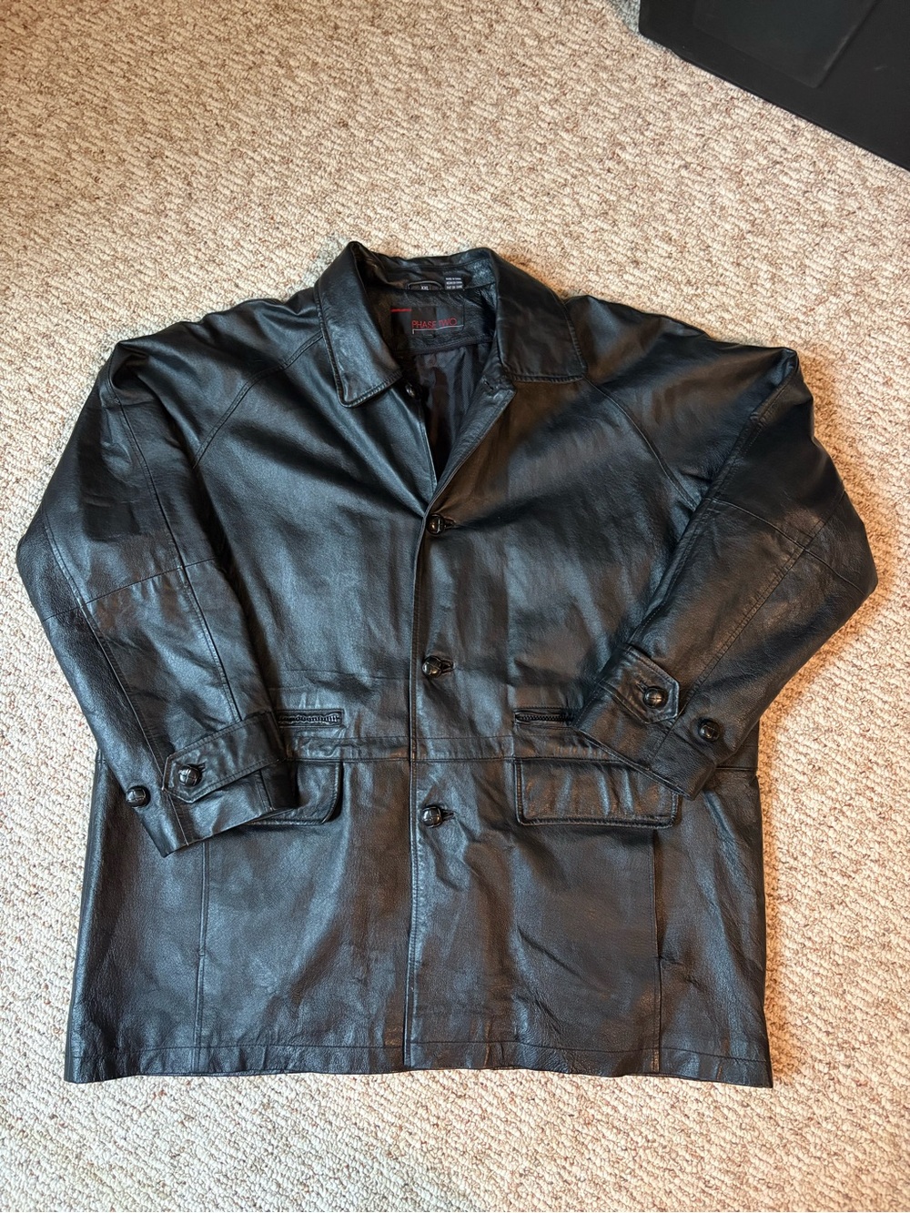 Men's Black Leather Bomber Jacket - Tailored Button Front